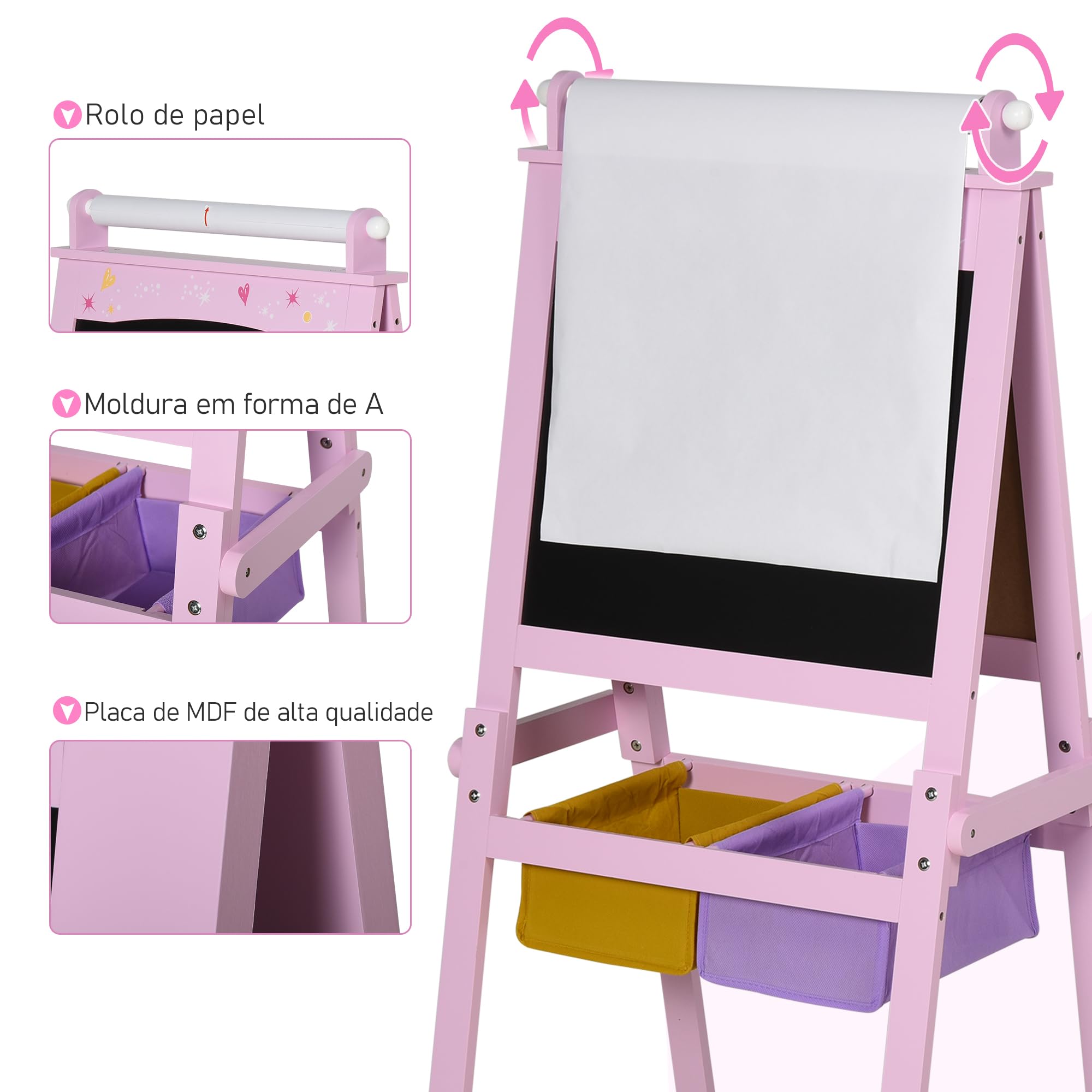 HOMCOM Pizarra Infantil Caballete 3 en 1 Caballete Infantil de Doble Soporte para Niños de +3 Años con Papel en Rollo y 2 Cestas de Almacenaje 58,5x50,5x118 cm Rosa