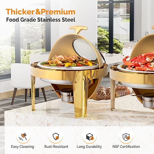 Miniatura 3 de ROVSUN Platos Calentadores de 6 QT para Buffet, Juego de Plato Calentador con Tapa Enrollable, Calentadores de Buffet de Acero Inoxidable y Juegos
