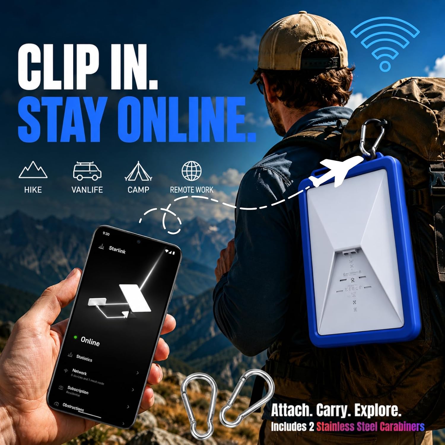 Silicone Protective Case for Starlink Mini, Snug Fit Ventilation Grid Travel Cover, Signal-Friendly Shockproof, Handle & Carabiners for Camping RV Van Life Remote Work (All-Weather Blue)