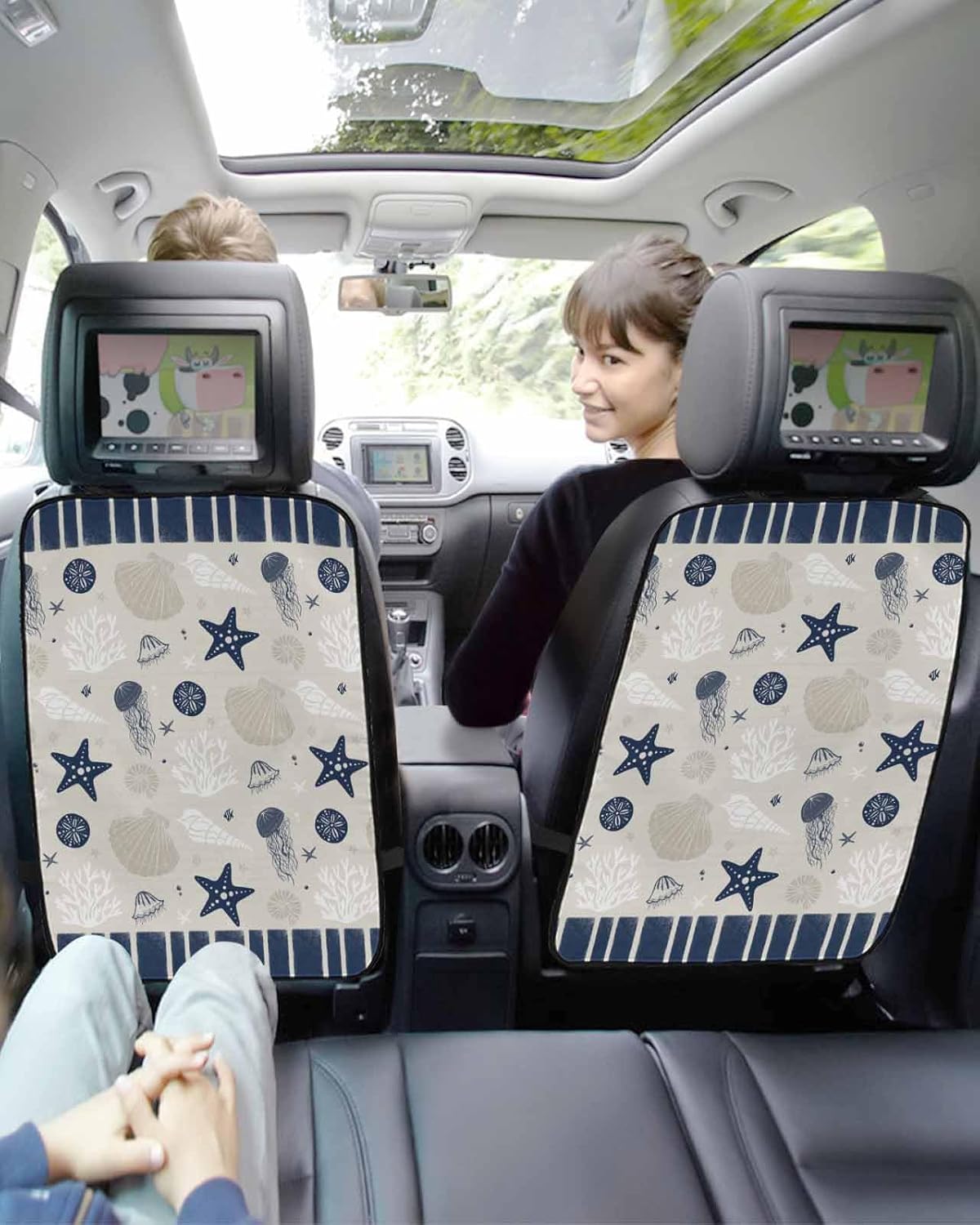 Car Seat Protector, 2 Pack Kick Mats Back Seat Protector Retro Navy Blue and Brown Starfish Seashell Jellyfish Coral Waterproof Backseat Cover for Kids Universal Fit Automotive Interior Protectors
