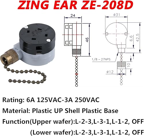 Miniatura 2 de Interruptor de ventilador de techo Zing Ear ZE-208D Control de 3 velocidades 5-8 cables Interruptor de cadena de tracción Accesorios Accesorios