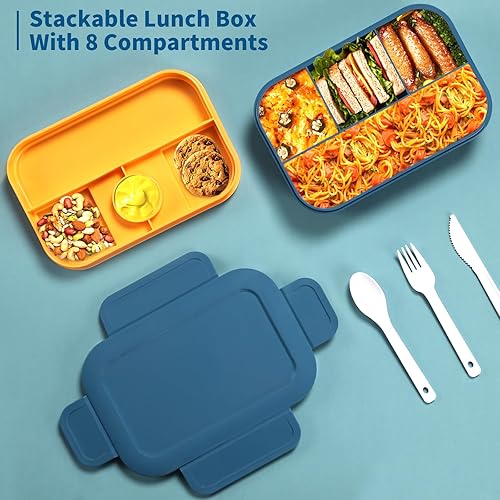 Miniatura 2 de Lonchera Bento Box de 68 onzas para adultos y niños, lonchera japonesa apilable con 8 compartimentos, caja a prueba de fugas con juego de cubiertos,