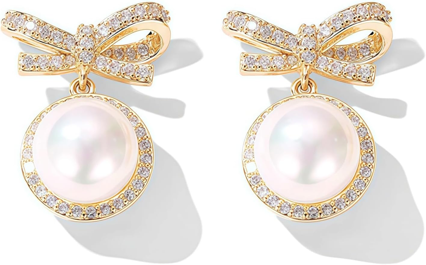 MIKAMU 14k Gold Ribbon Bow Stud Earrings for Women cubic zirconia Dainty Gold Plated Pearl Earring for Women Jewelry