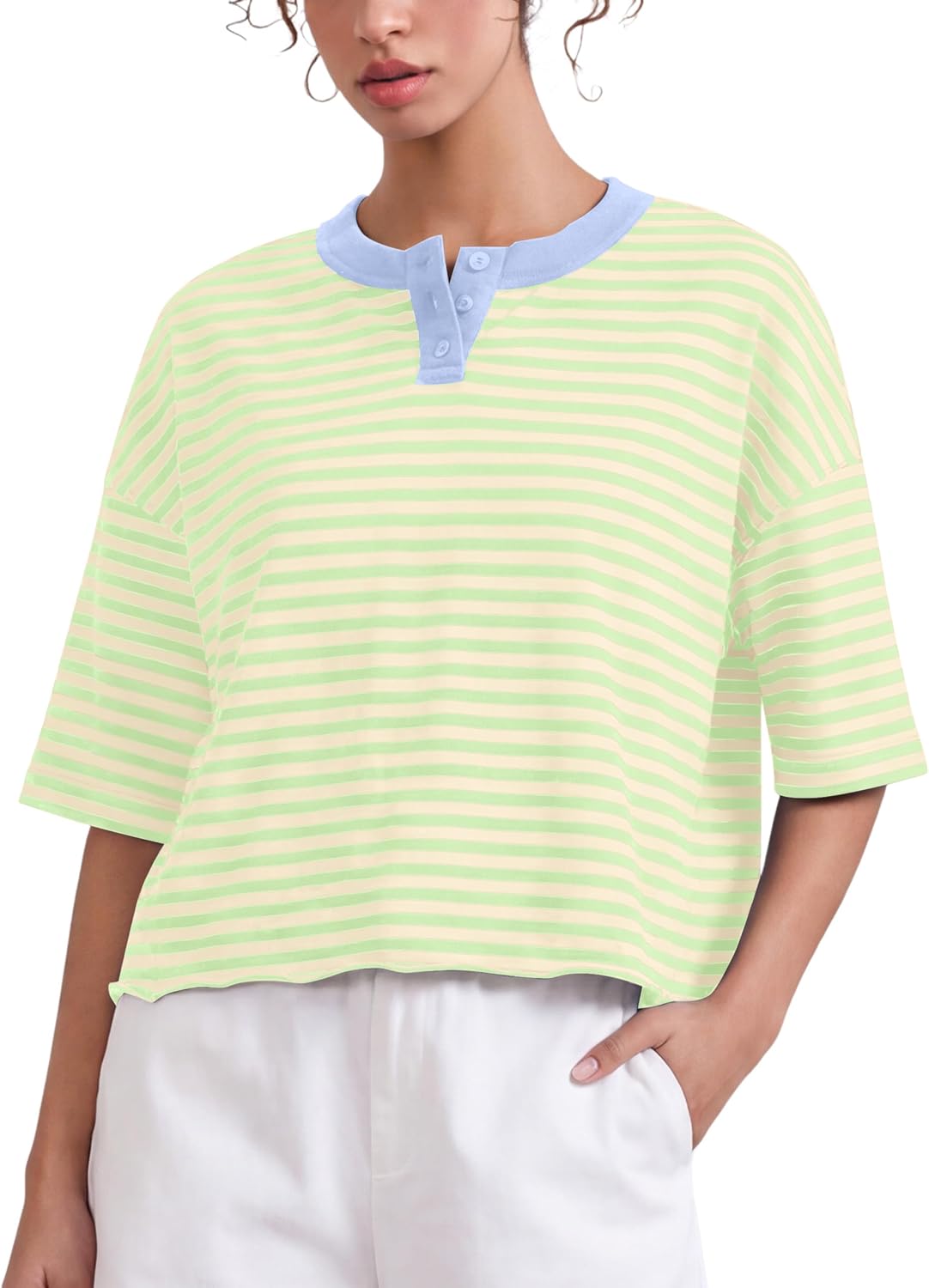 Meladyan Women's Stripes Henley T Shirts Cropped Boxy Tees Oversized Crewneck Short Sleeve T-Shirt Roll Hem Summer Tops