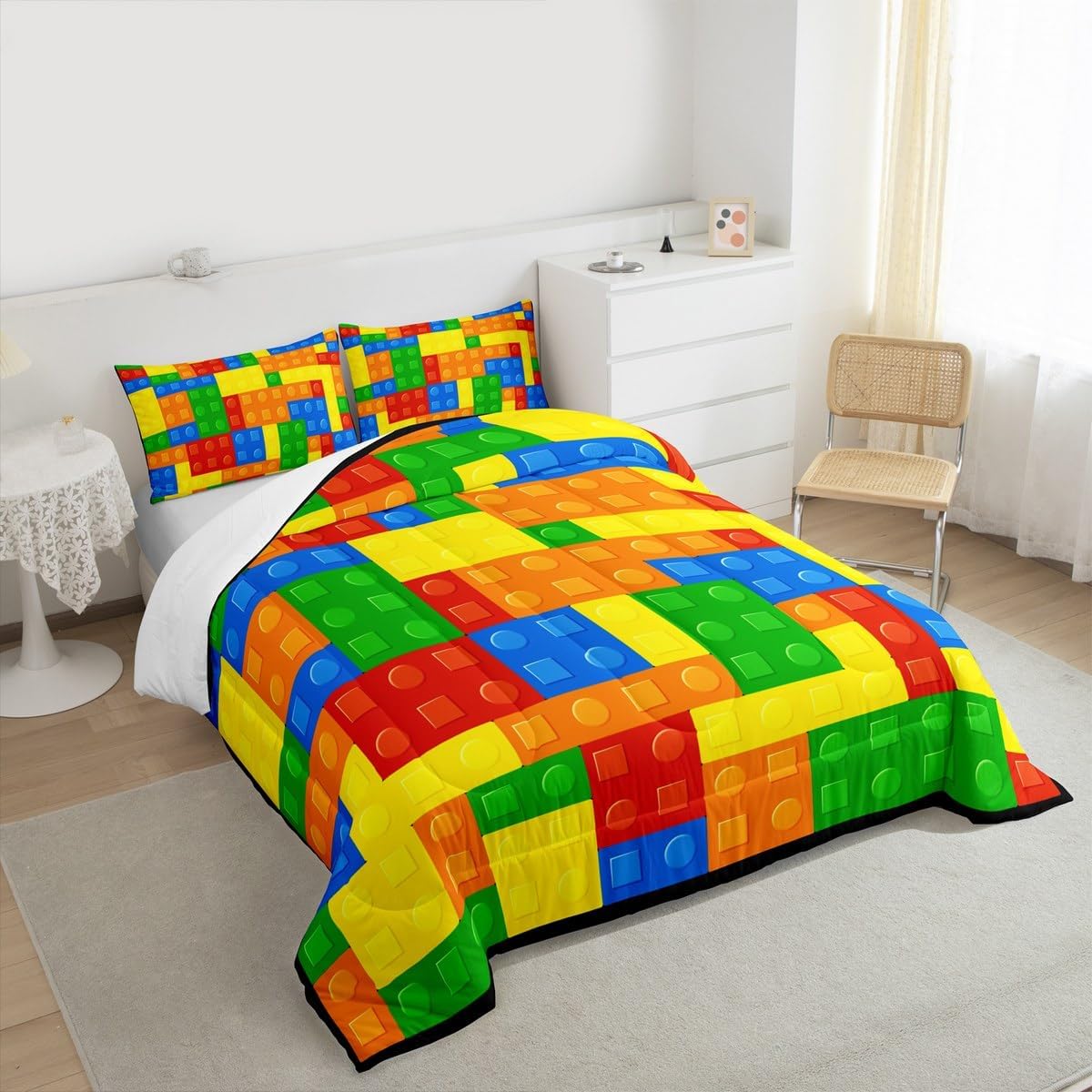 Castle Fairy Kids Games Comforter Set Queen Size Construction Bedding Sets 3Pcs for Child Boys Girls Room Decor, Color Building Blocks Gaming Quilt Set with 2 Pillowcases Soft Microfiber