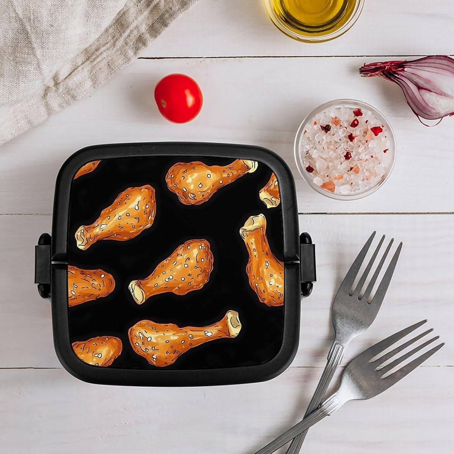 Chicken Legs Print Bento Box with Spoon 2 Layer Food Container Cute Lunch Box for Travel Dining Work