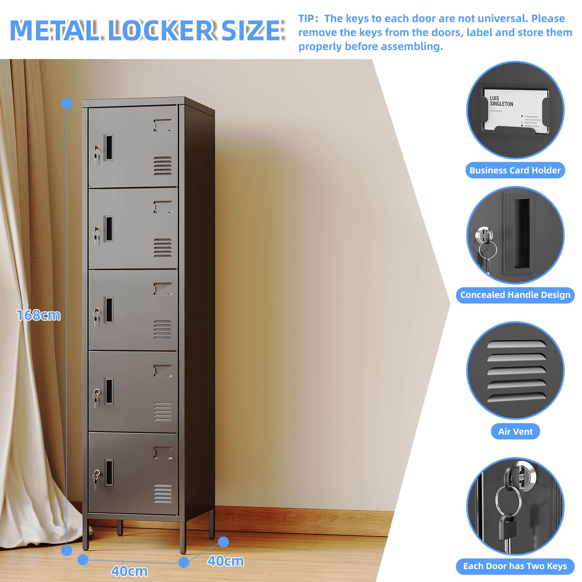 Metallschrank mit Lüftungslöchern, 5-türiger Metallschrank, mit Namensschildfach, Geeignet für Schule, Büro und Zuhause, Zum Selbstaufbau, 168 cm x 40 cm x 40 cm, Schwarz