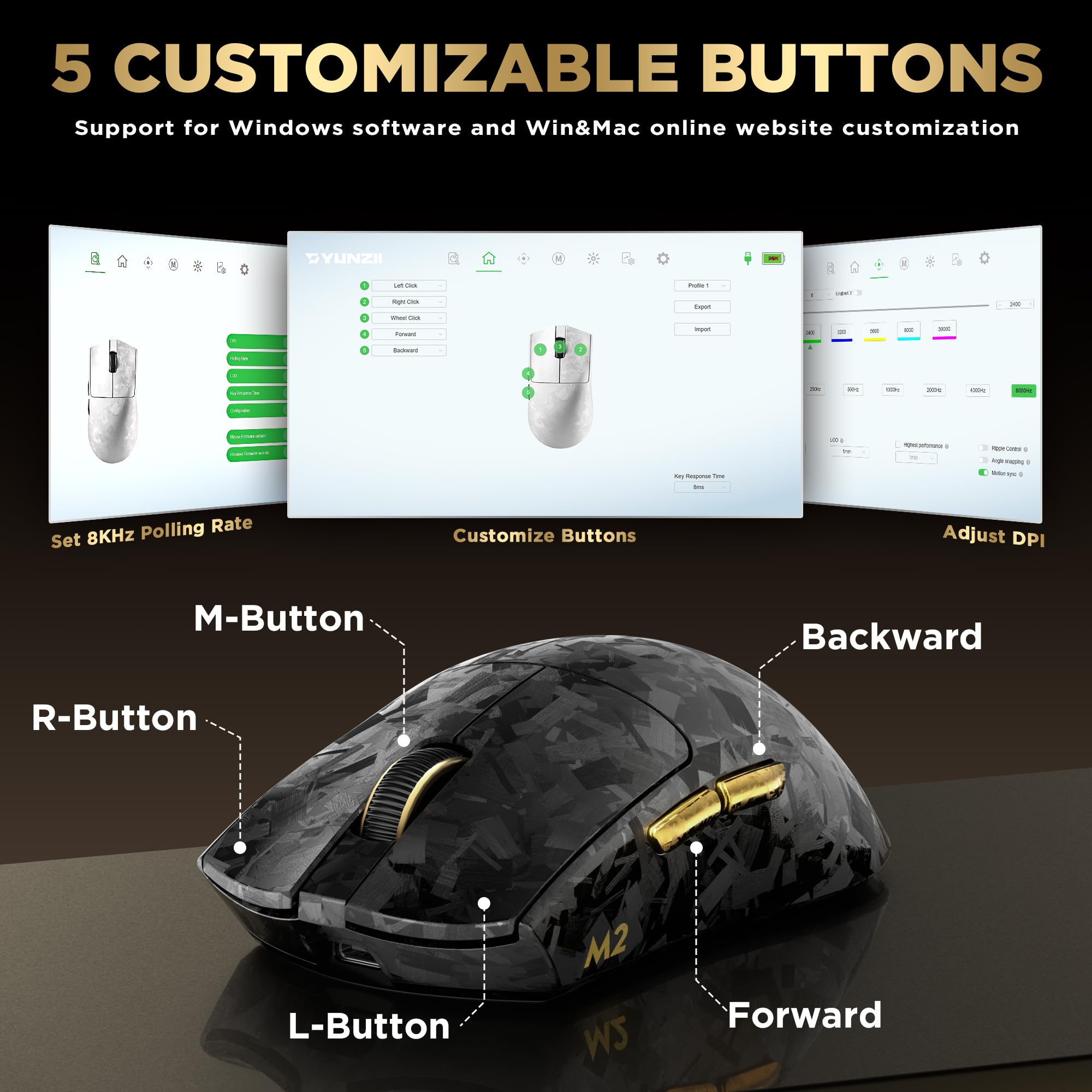 YUNZII M2 Mouse Wireless Gaming Doppio 8K, PAW3395, 6-Level DPI (Nero) | Fino 30000 DPI, 65g, Vernice Effetto Fibra di Carbonio, Personalizzazione Tramite Software, USB-C/BT/2,4 GHz, Batteria 500mAh