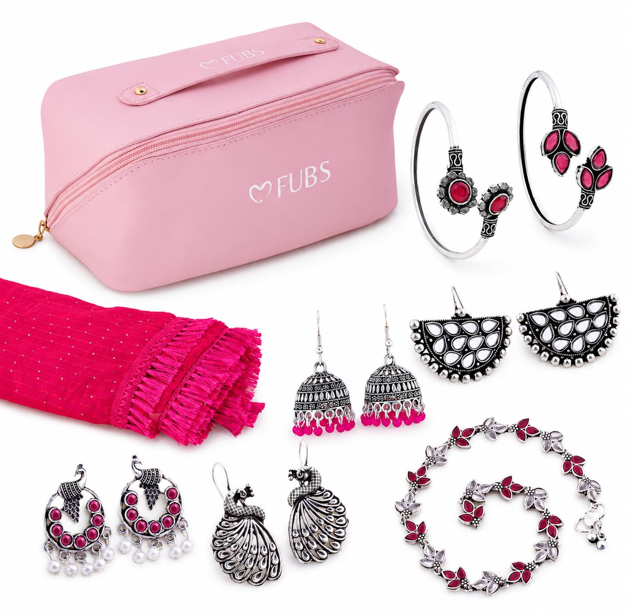FUBS Pink Dupatta with Jewelry Set - Image 1
