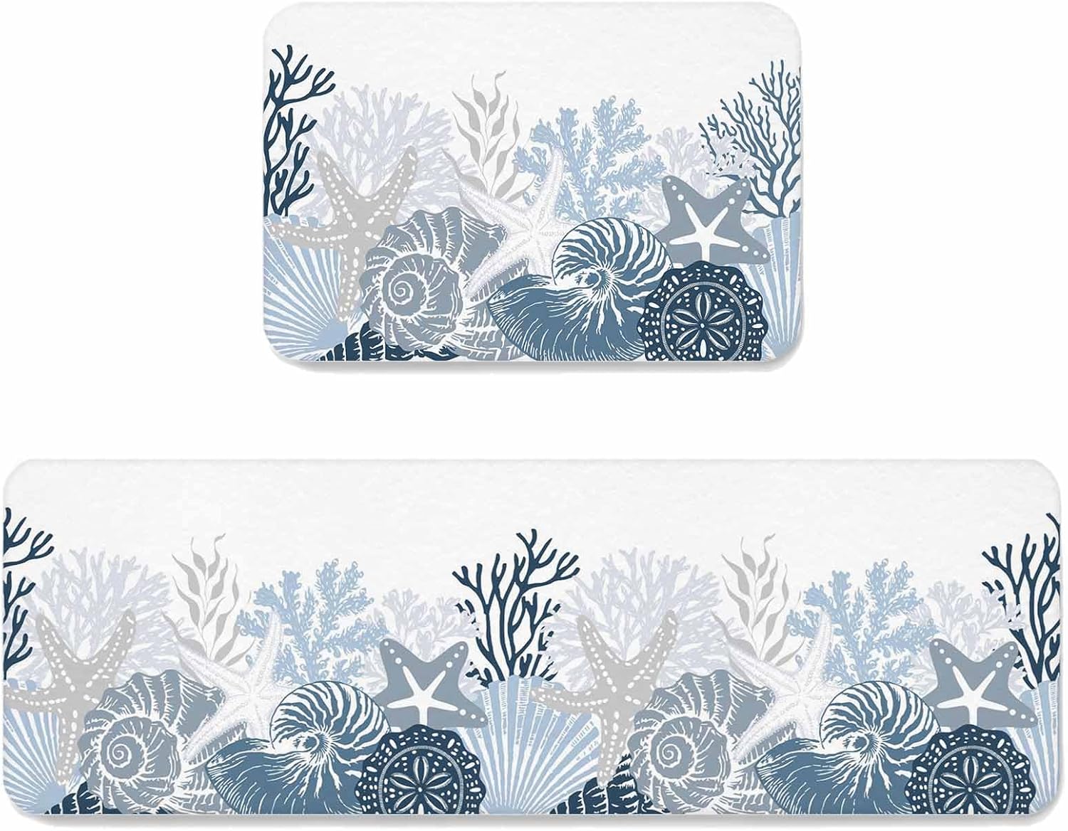 Summer Marine Life Kitchen Mats Set of 2 Ocean Coral Blue Coastal Starfish Conch Non Slip Mat Washable Floor Rug for Kitchen Sink Floor Laundry, 23.6"x35.4"+23.6"x70.9"