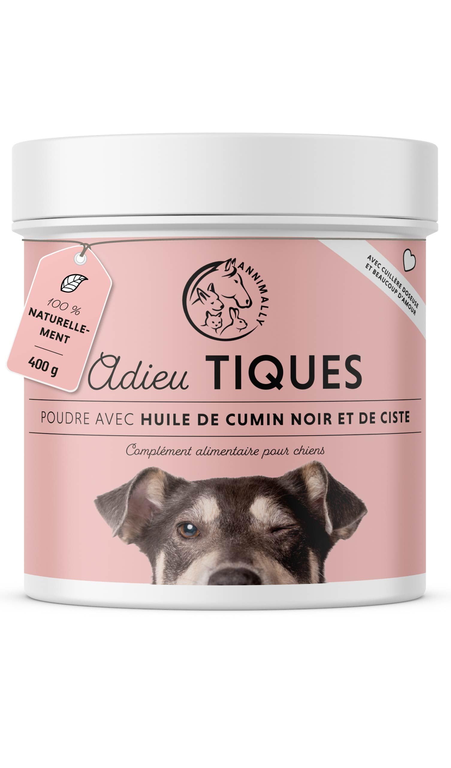 Annimally Adieu Tiques en Poudre pour Chiens - 400g de Poudre avec Huile de Cumin Noir, ciste, levure de bière & algues Marines - Produit Efficace, entièrement Naturel comme Alternative aux comprimés