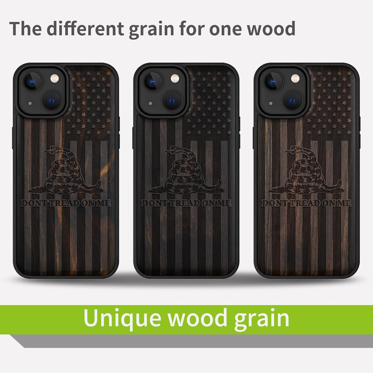 Carveit Magnetic Wood Case for iPhone 14 Case [Natural Wood & Black Soft TPU] Unique & Classy Wooden Shockproof Protective Cover Compatible with magsafe (Gadsden Flag -Blackwood)