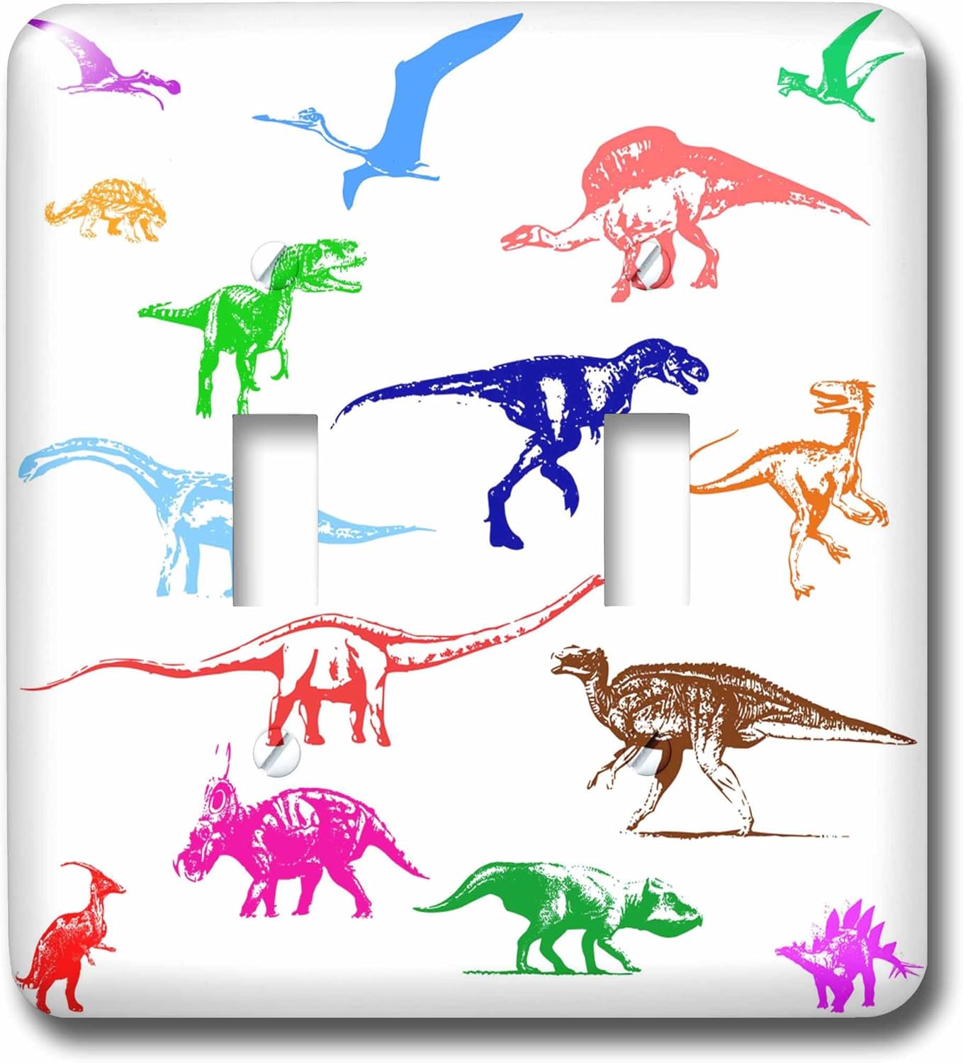 3dRose Colorful images of dinosaurs, herbivores and raptors on white double toggle switch