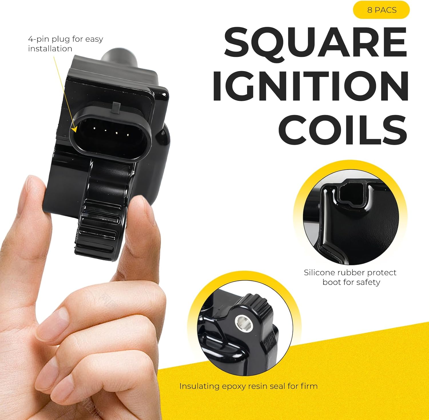 8 Pack UF413 Square Ignition Coils Set 41-962 Platinum Spark Plugs M8-48322R 8mm Spark Plug Wires Compatible with Chevy Silverado Cadillac Escalade Buick GMC Sierra Replace for D510C