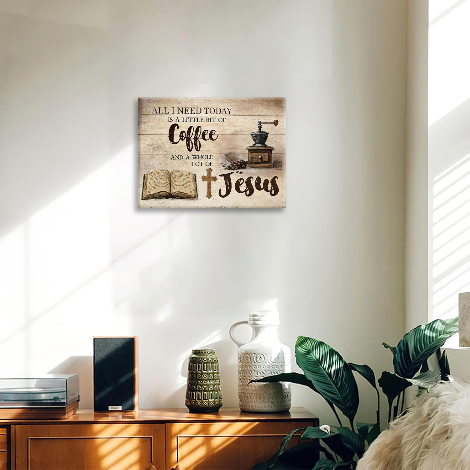 Christian Coffee Canvas Wall Art Rustic Faith Pictures Coffee Painting Cafe Prints Modern Artwork for Farmhouse Kitchen Office Bar Dining Room Living Room Framed Wall Decor 12"x16"