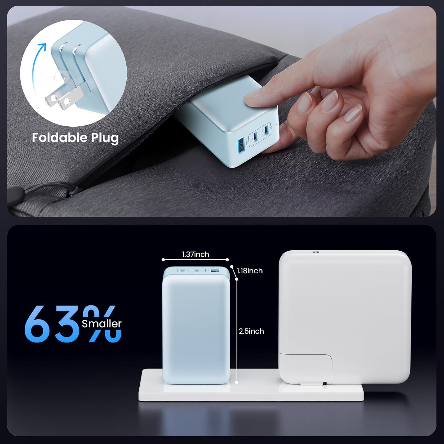 130W USB C Charger Block,GaN 3-Port Compact Wall Charger,Foldable Fast Charging Station,PD 65W USB C Laptop Charging for MacBook Pro/Air, Dell XPS, iPhone 16/15/14/13,iPad Pro,Galaxy S24-Light Blue - Image 5
