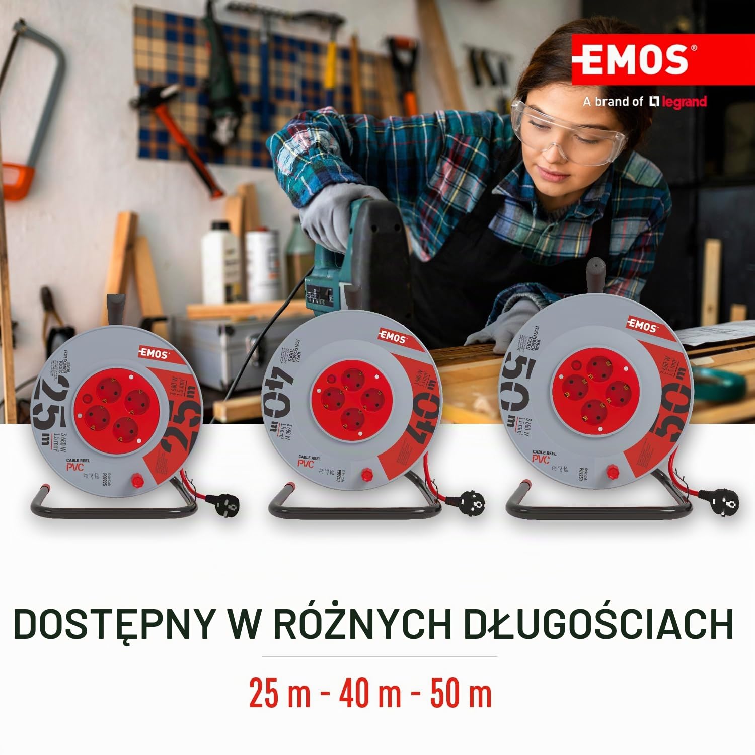 EMOS - Bęben kablowy 25 m – 4 gniazda Schuko – 230 V, 16 A, 3680 W – wysokiej jakości izolacja PCW – H05VV-F3G 1,5 mm² – zabezpieczenie przed przegrzaniem – IP20 do użytku wewnątrz pomieszczeń