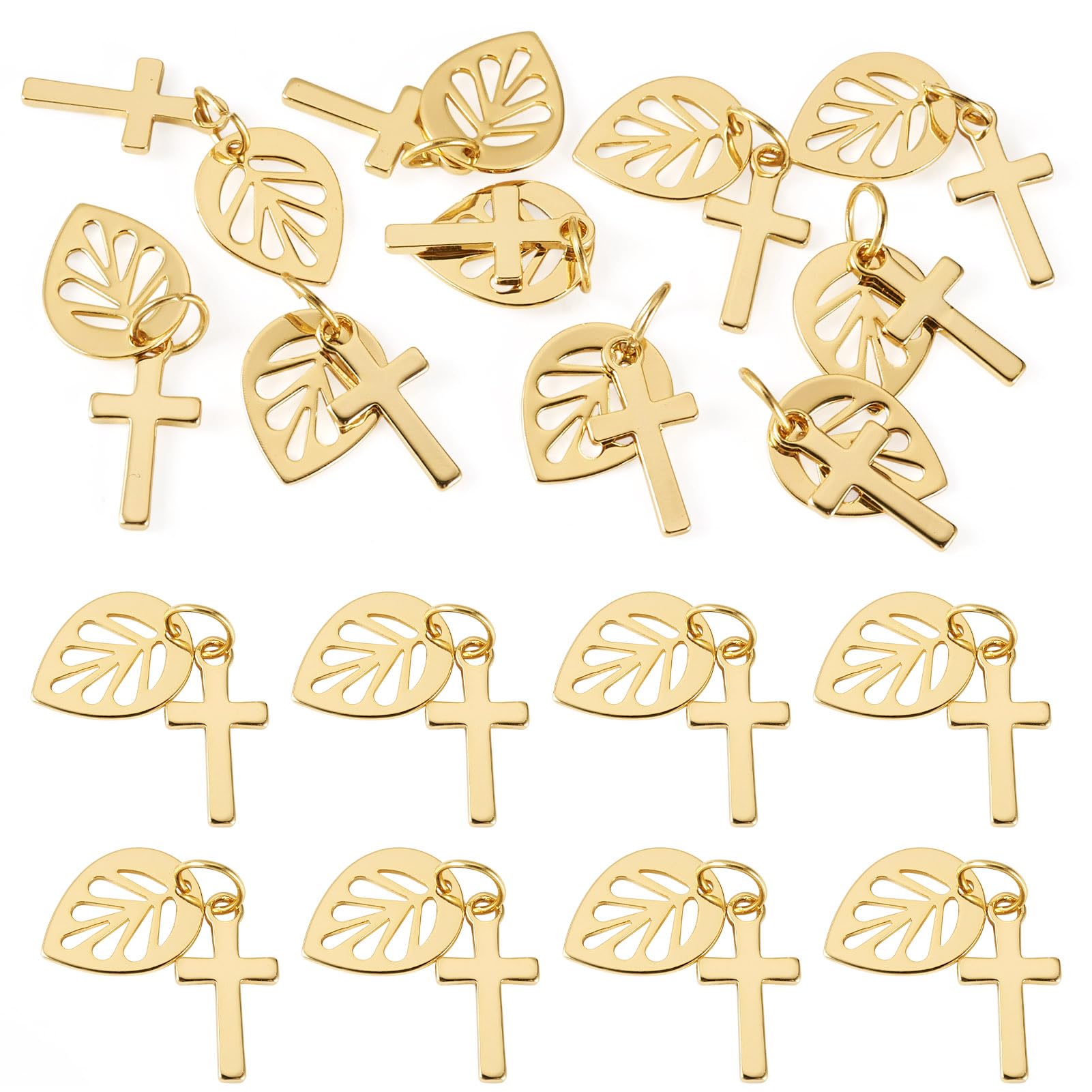 Craftdady Cross Charms 18K Gold Plated Crucifix Pendants Small Cross Easter Charms with Stainless Steel Jump Rings for DIY Necklace Earring Bracelet Jewelry Making