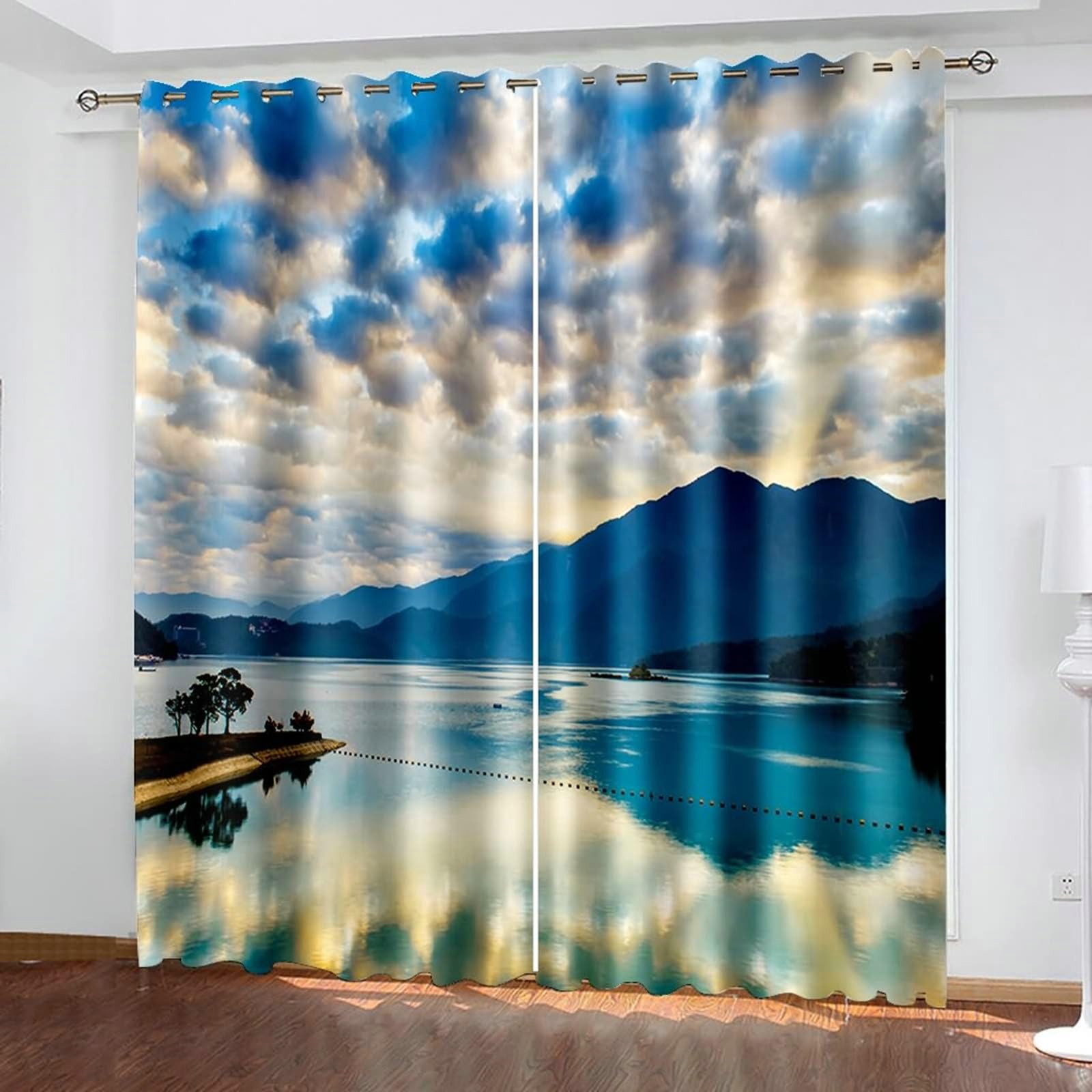Vorhänge mit Ösen 2er Set, Gardinen Landschaft See und Berg H 160 x B 107 cm Blickdicht Verdunklungsvorhänge für Wohnzimmer