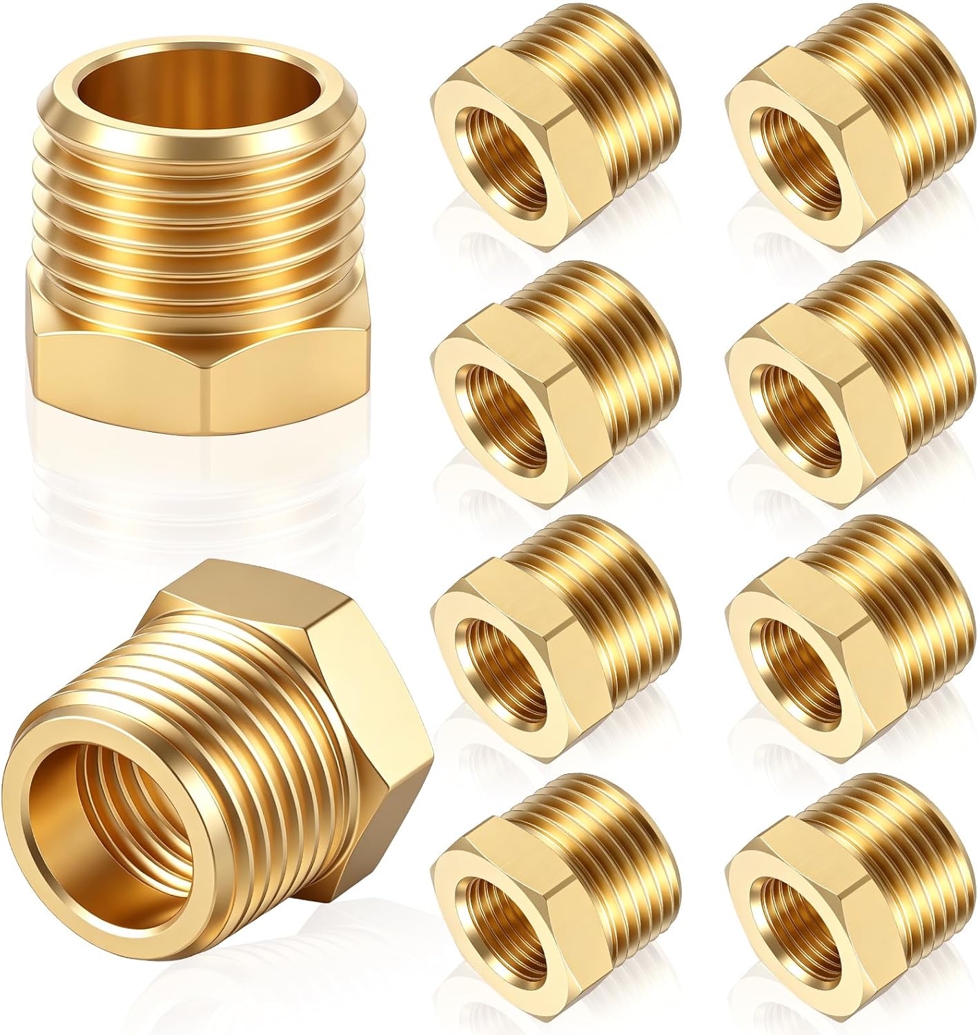 10 Pcs 1/2" NPT Male x 1/4" NPT Female Brass Bushing Reducer, Hex Bushing Threaded Fitting Adapter Reducing Pipe Adapter 1200 PSI for Pneumatic, Oil, Gas, Refrigeration System