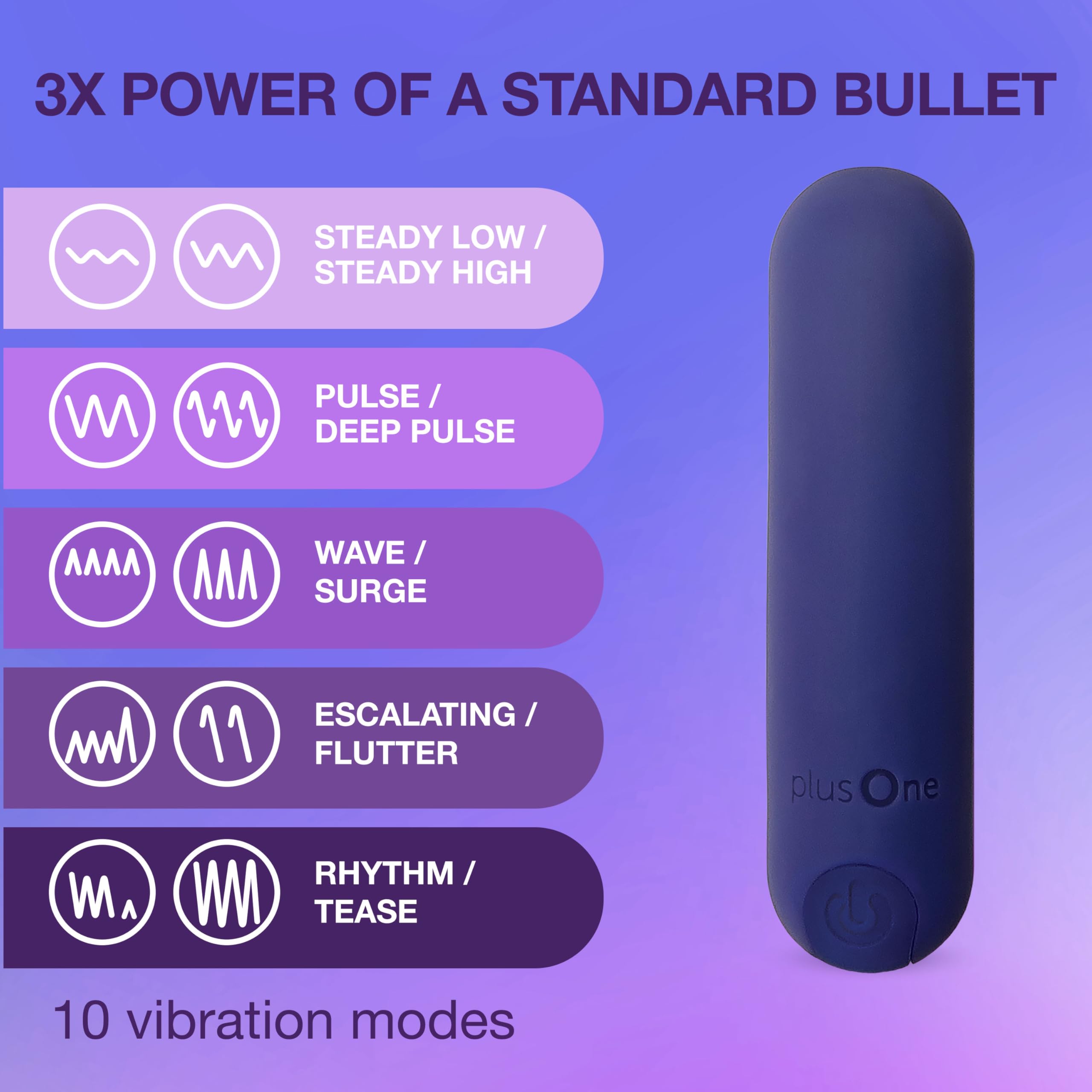 plusOne Bullet Vibrante Viola per Stimolazione Esterna, Giocattolo Sessuale Stimolante da 3 Pollici per Donne, Impermeabile, Silenzioso e Discreto con 10 Modalità di Vibrazione
