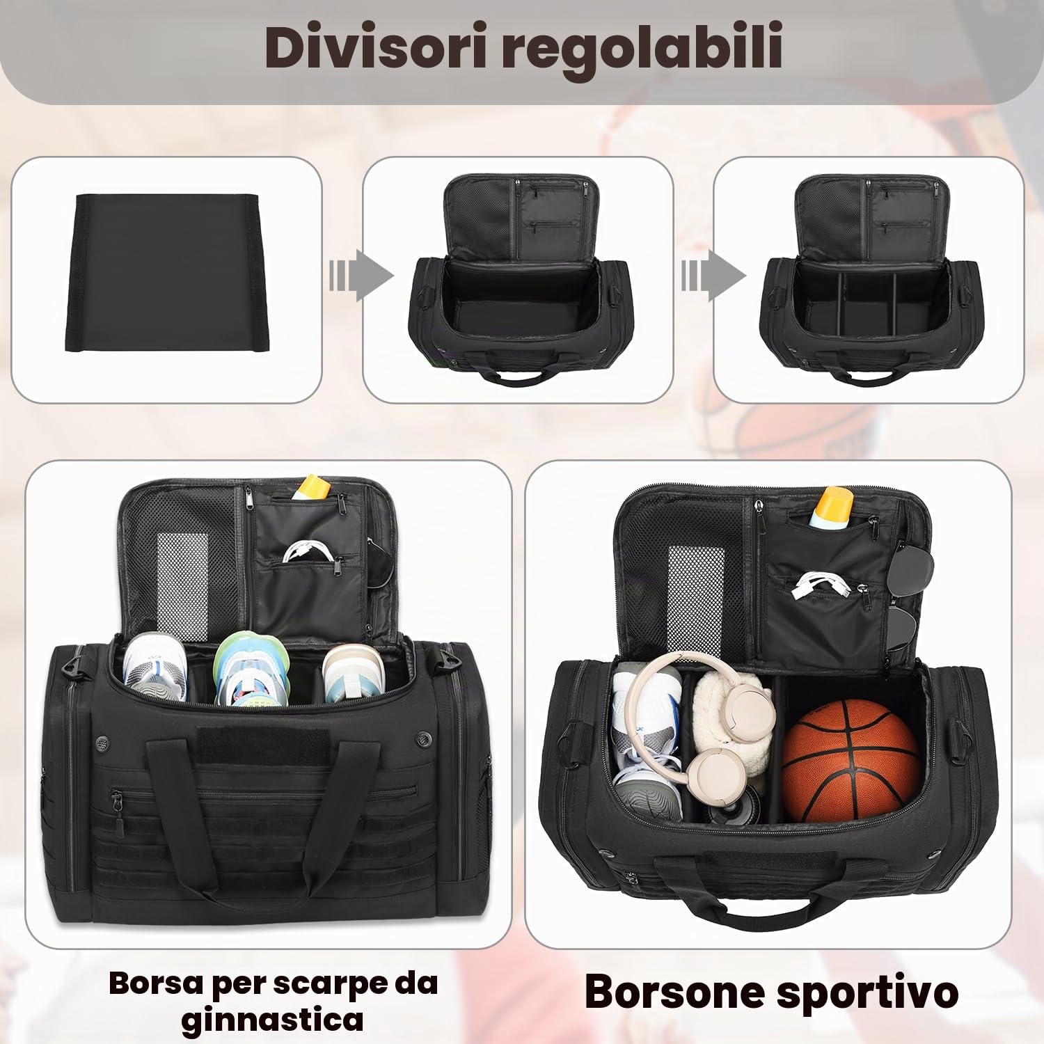 Borsa Palestra e Sportiva 45L, Borsone Viaggio MOLLE Sistema da Classica per Uomo e Donna, Con Scomparto per Scarpe, Impermeabile per Sport, Fitness Palestra, Sauna (Nero)
