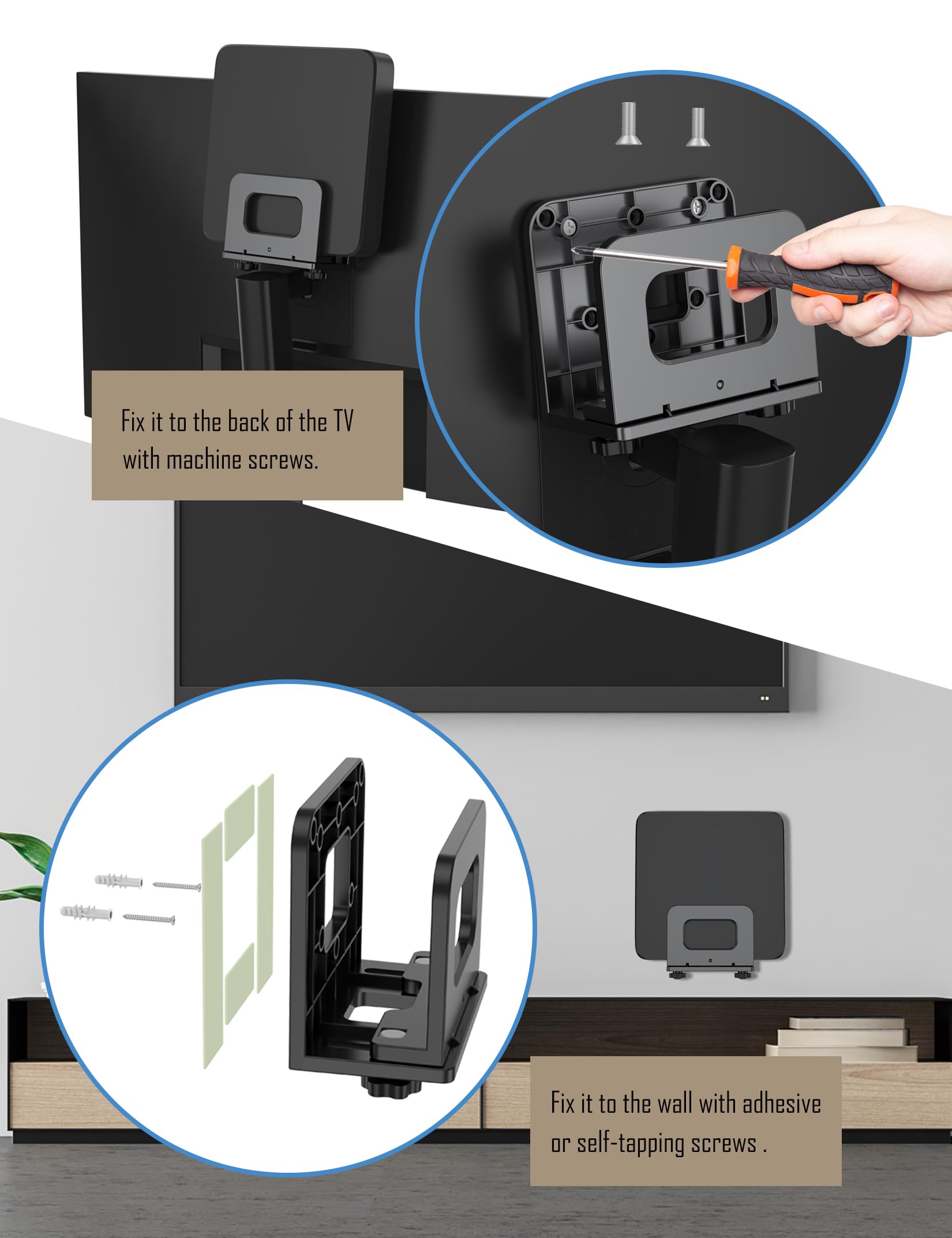 Uchwyt ścienny do routera Wi-Fi / półki modemu do Apple TV/ROKU, kompatybilny z odtwarzaczem multimedialnym/przełącznikiem/WII/Power/Mini PC/Mac mini, mocowany klejem lub śrubą (czarny)