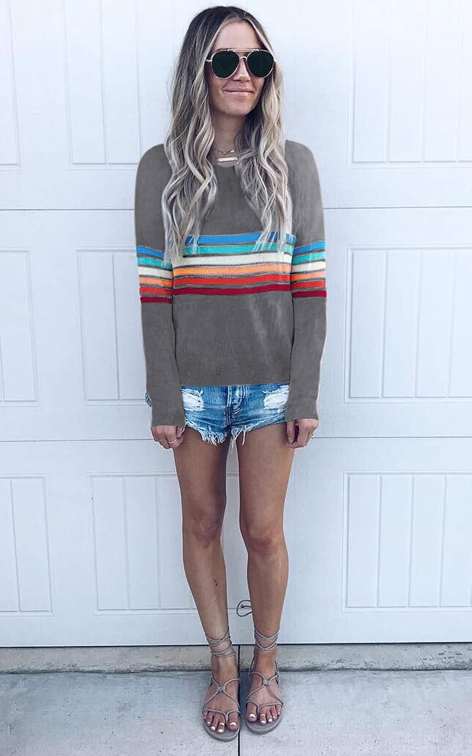 ECOWISH Women's Sweater Rainbow Colorful Striped Sweaters Long Sleeve Crew Neck Color Block Casual Pullover Blouse Tops - Image 2