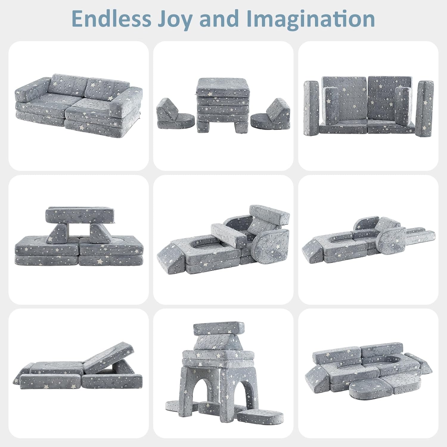 INFANS Modular Kids Play Couch, 10PCS Fluorescent Toddler Creative Sectional Fort Building Sofa for Playroom, Bedroom, Children Convertible Soft Foam Furniture Playset Floor Cushion Boys Girls
