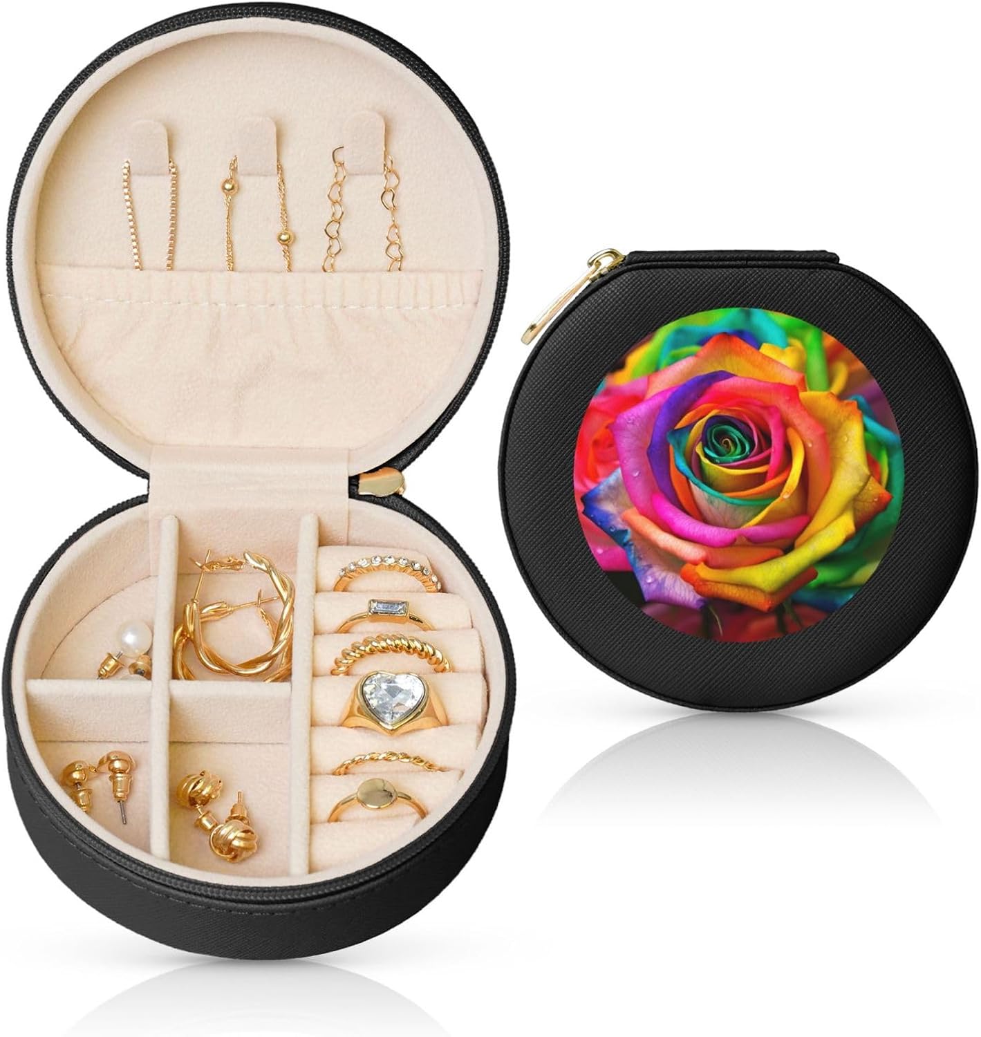 Travel Jewelry Box for Women Birthday Gifts, Colorful Rose Jewelry Case PU Leather Jewelry Organizer Small Round Display Storage Box for Rings Earrings Necklaces