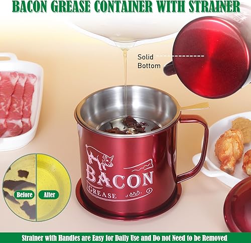 Miniatura 2 de Tellshun Contenedor de ahorro de grasa de tocino de 44 onzas1.3 L con colador, retenedor de aceite de cocina de acero inoxidable con espátula de