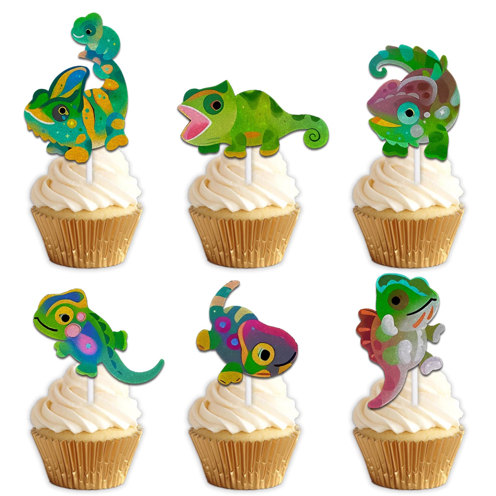 18pcs Green Glitter Chameleon Dessert Cupcake Pick for Cute Reptile Theme Decor Supplies Men Women Happy Birthday Party Decorations