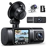 LAMTTO 3 Channel Dash Cam, Front and Rear Inside Triple Car Camera, 1080P Dash Camera for Cars with 64GB SD Card, 1.5 inch Driver Recorder Built in IR Night Vision WDR