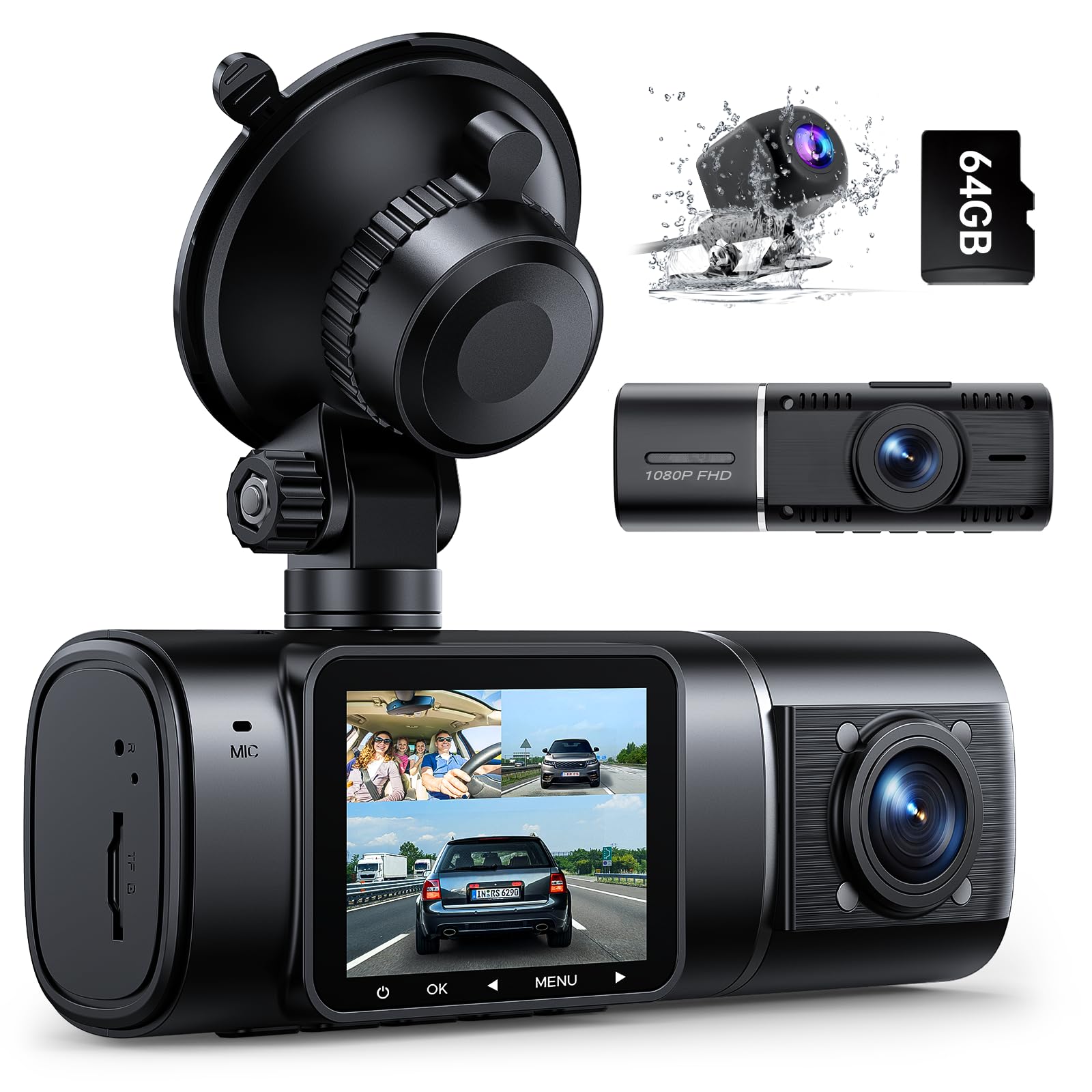 VolamDash Cam Car Front Rear and Indoor with Battery, 3 Channel 1080P Dash Cam Car Camera Parking Monitoring, Infrared Night Vision WDR, G Sensor, Reversing Camera Dash Camera with SD Card