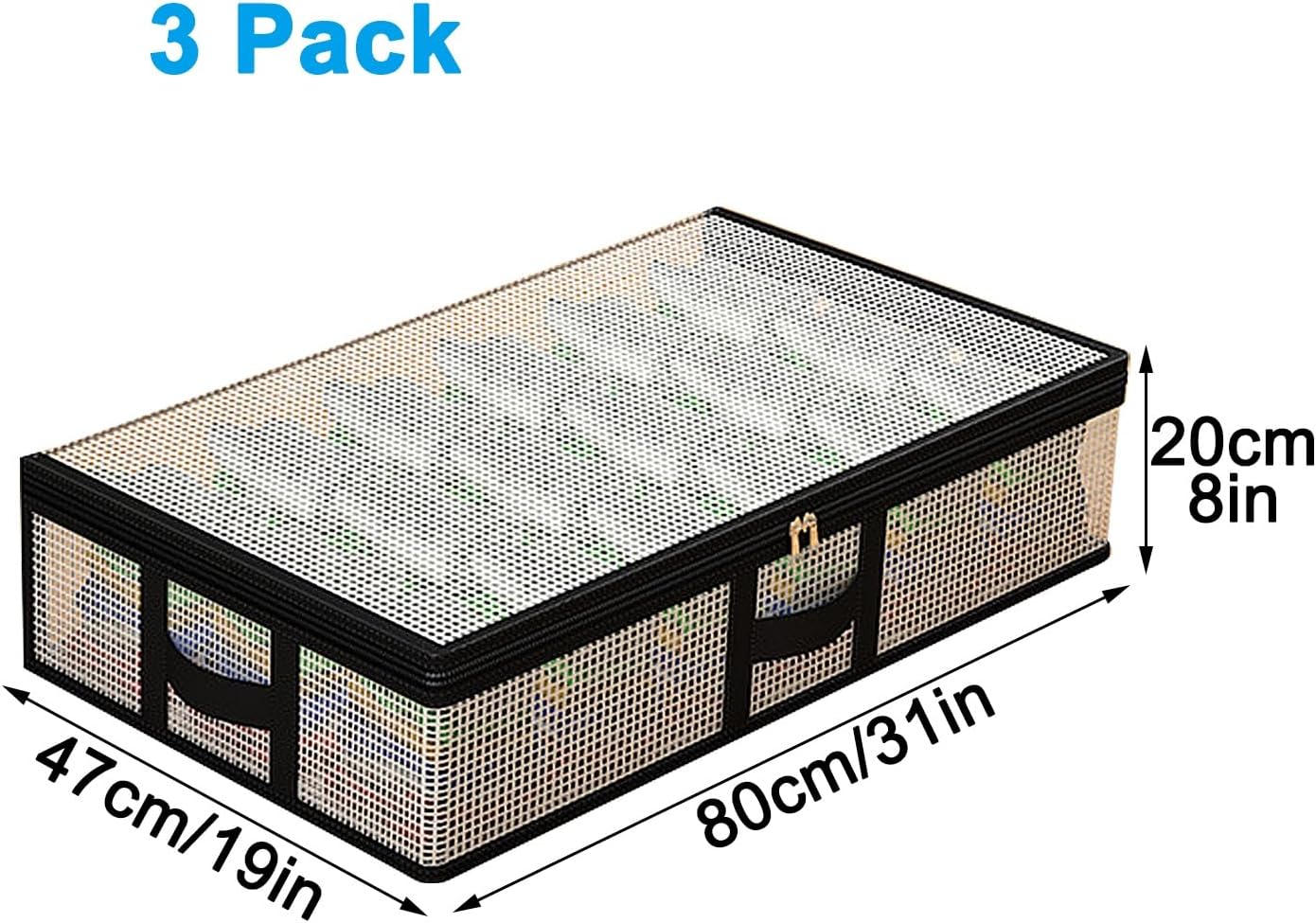 3 Pack Storage Under Bed, Foldable Under Bed Storage Containers, Transparent, Alloy Zipper, for Clothes, Quilt, Books(Black,80x47x20cm/31x19x8in)