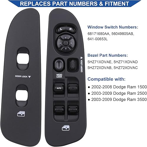 Miniatura 9 de Interruptor y bisel Master Power 56049805AB, compatible con Dodge Ram 1500 2500 3500 2002-2009, Dodge Dakota 2001-2004, Dodge Durango 01-03, Dodge