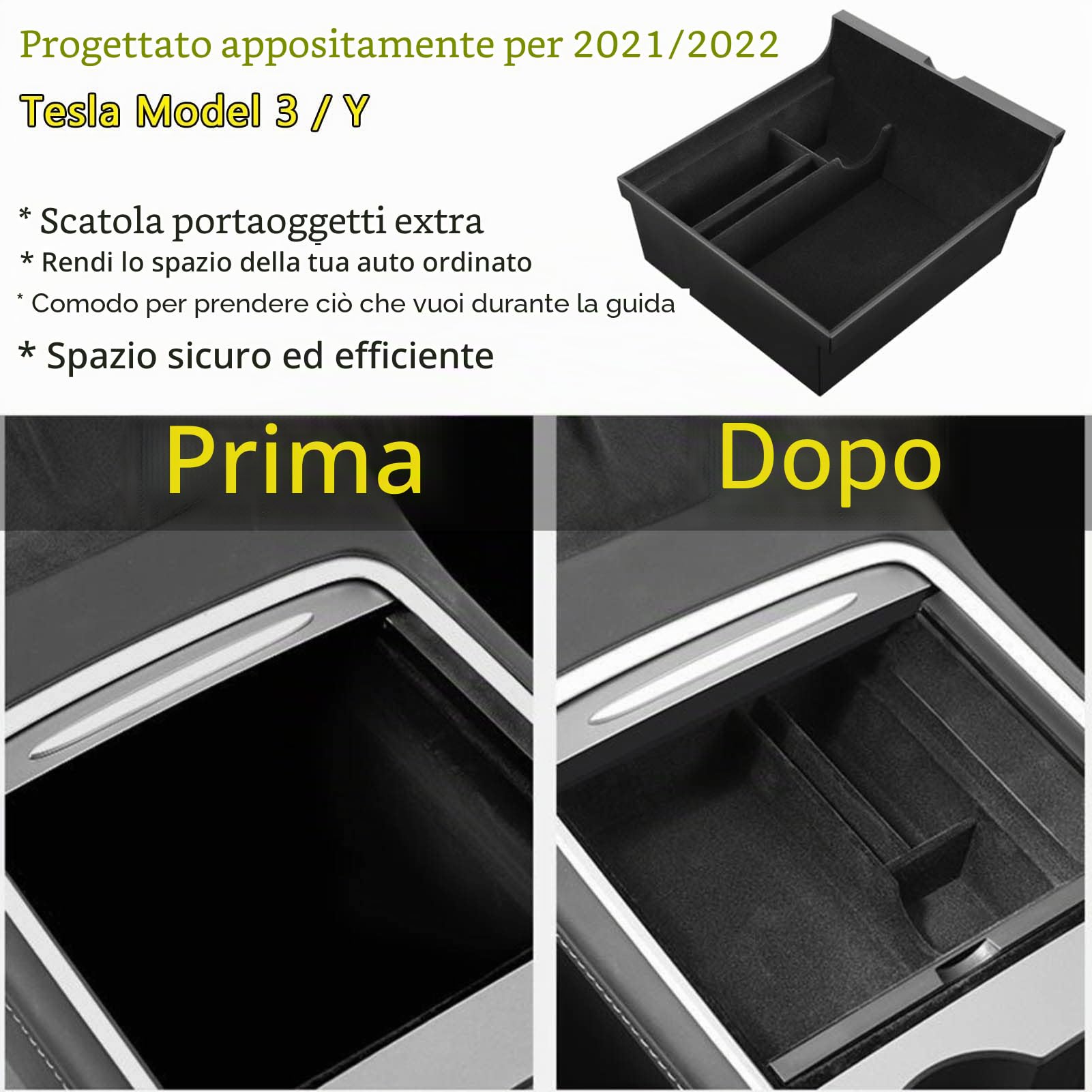 [3 pezzi]Vassoio Organizer Console Centrale Scatola di Immagazzinaggio Floccata per Accessori Tesla Model 3 Y 2023 2022 2021, Bracciolo Cassetto Cubby Nascosto per Contanti, Vetro, Monete, Telefono