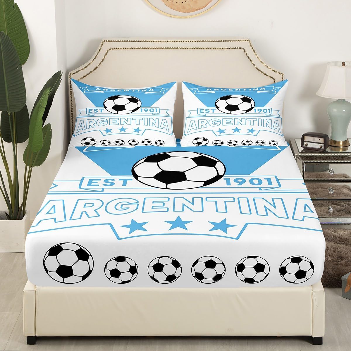 Feelyou Football Sport Bedding Sheets Queen Soccer Theme for Kids Boys Bed Sheet Set Argentina Teens Fitted Sheet Blue White Bed Cover 3Pcs,1 Fitted Sheet+2 Pillow Sham（No Flat Sheet）