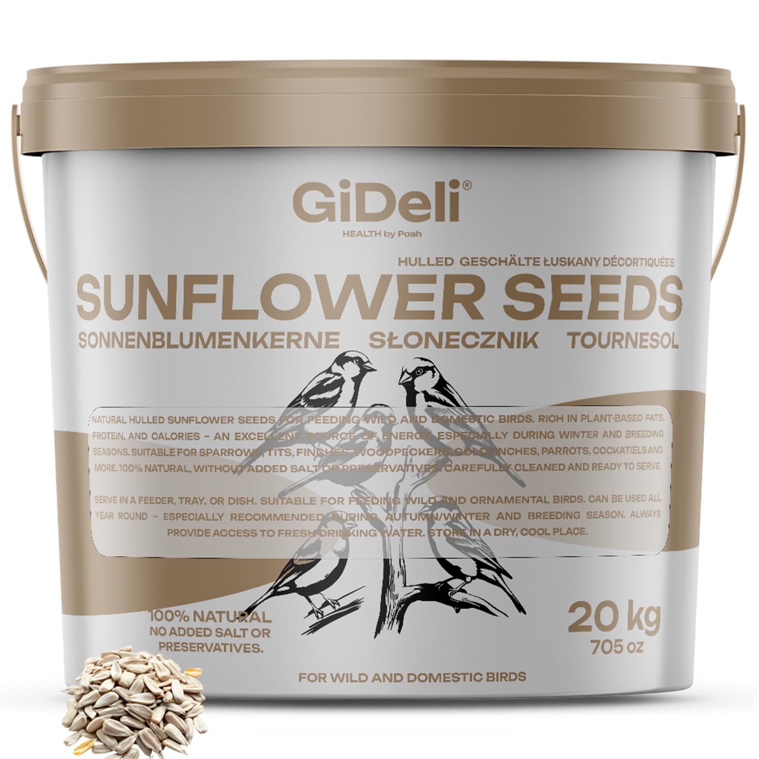 GiDeli Sonnenblumenkerne geschält 20kg naturfarbe vogelfütterung außenbereich Vogelfutter Vögel Wildvögel Sonnenblumen im Eimer