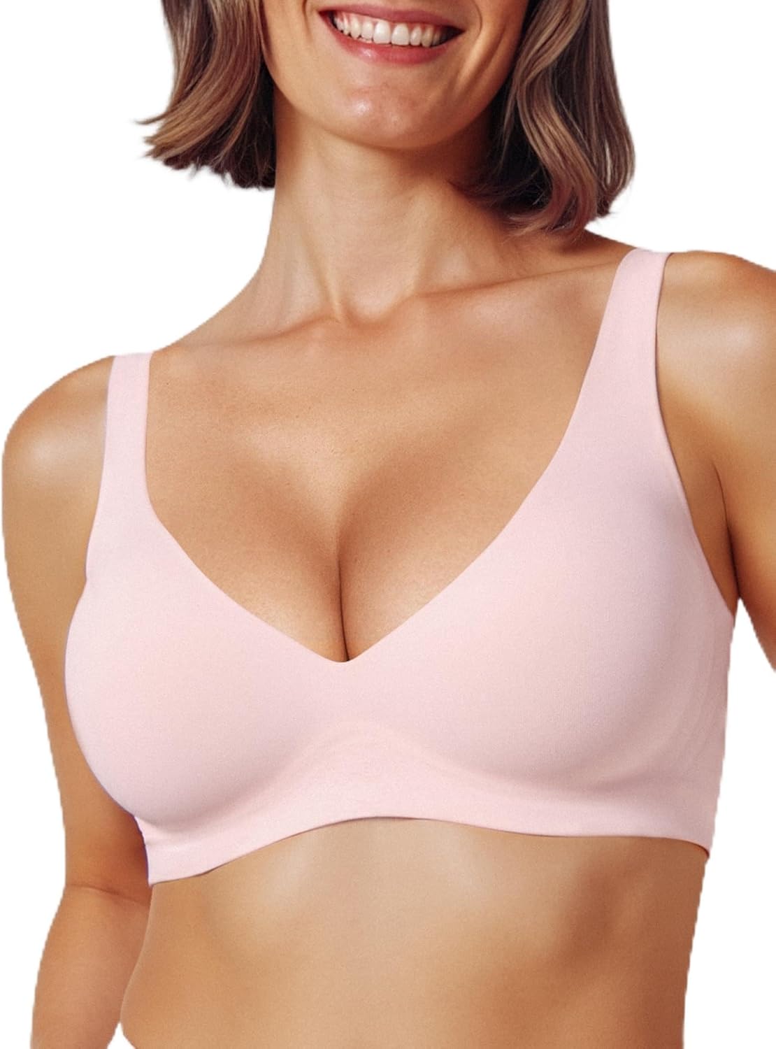NOTEXT Women's Deep V Wireless Push Up Bra, Seamless T-Shirt Bralette with Jelly Strip Support, Invisible Wirefree Comfort