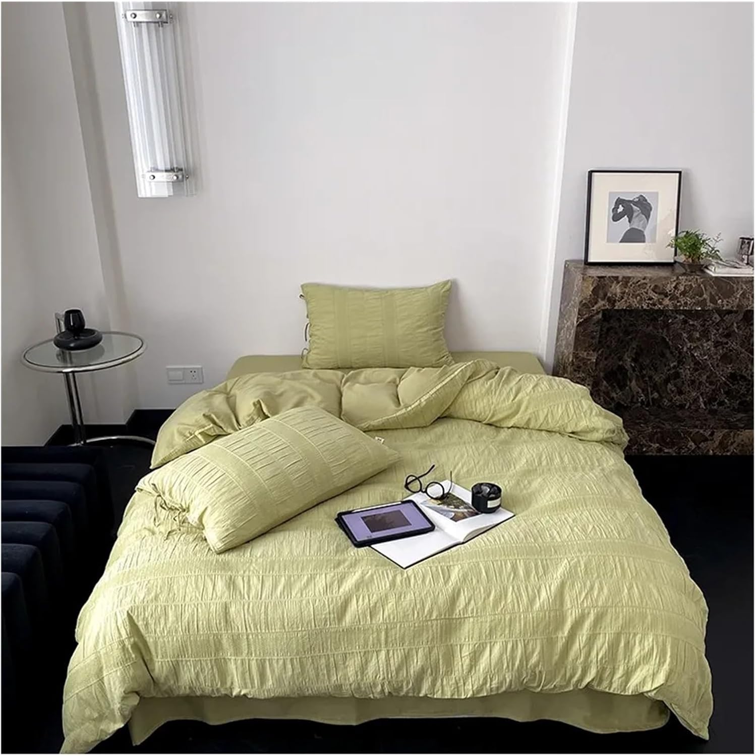 White Seersucker Duvet Cover Stripe Textured 100% Washed Cotton Soft Breathable Bedding Sets(1Duvet Cover+1Bed Sheet+2Pillowcases,Bed