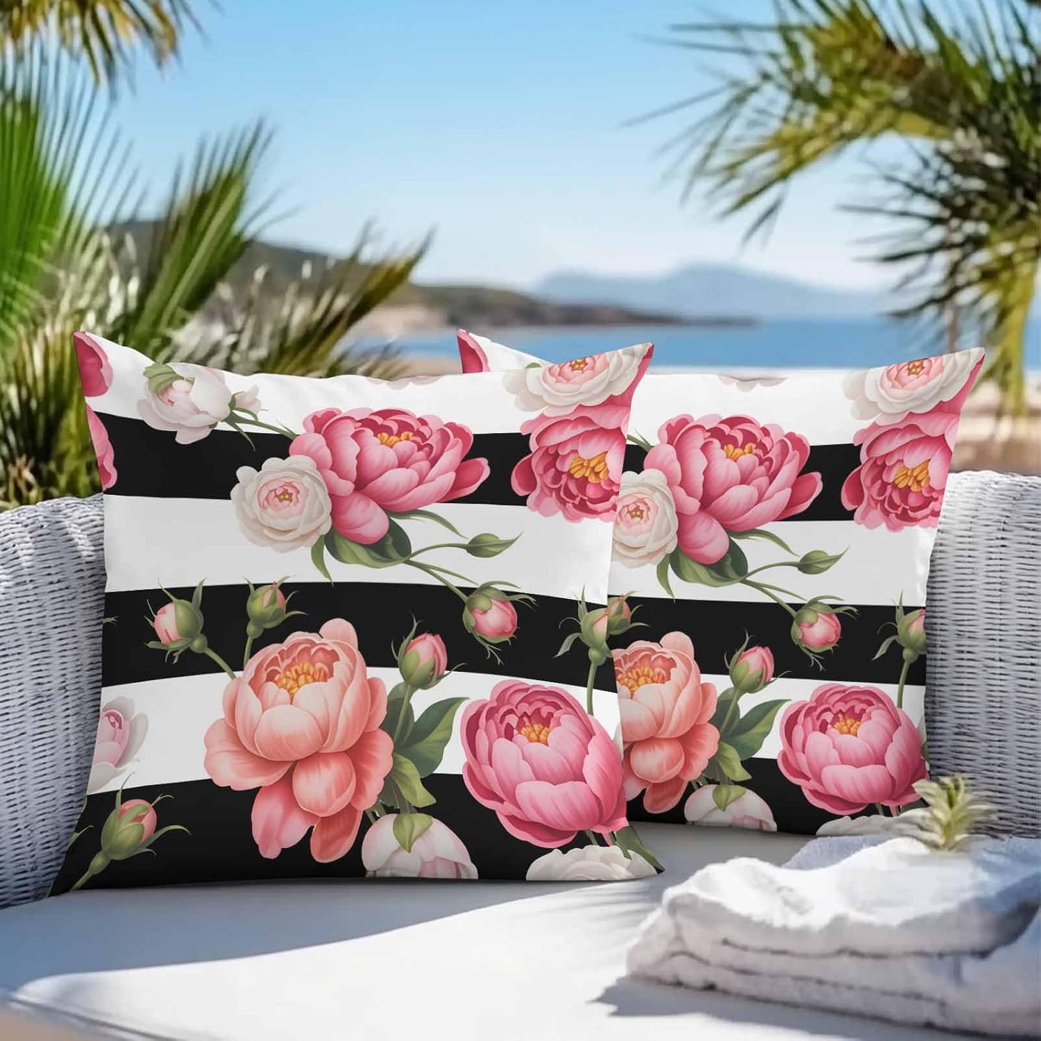 Pink Peony with Black and White Stripe Outdoor Pillow Cover 26x26 Inch Cushion Sham Case, Waterproof Decorative Square Throw Pillowcase for Outside Garden Patio Porch Couch Chair Tent