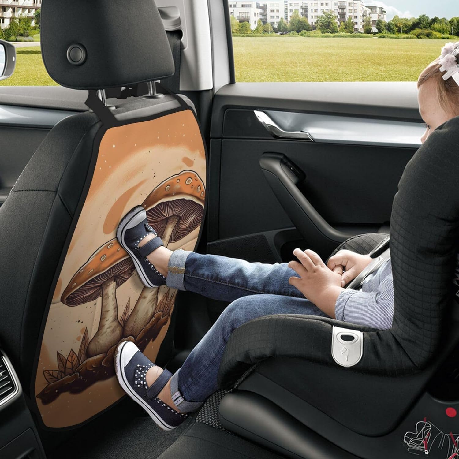 Car Seat Back Kick Protector 2 Pack 18.5x26.4 Inch, Vintage Brown Mushroom Anti-Kick Pad, Waterproof Oxford Fabric Large Rear Seat Cover for Kids Pets Fits SUV Jeep Truck Sedan