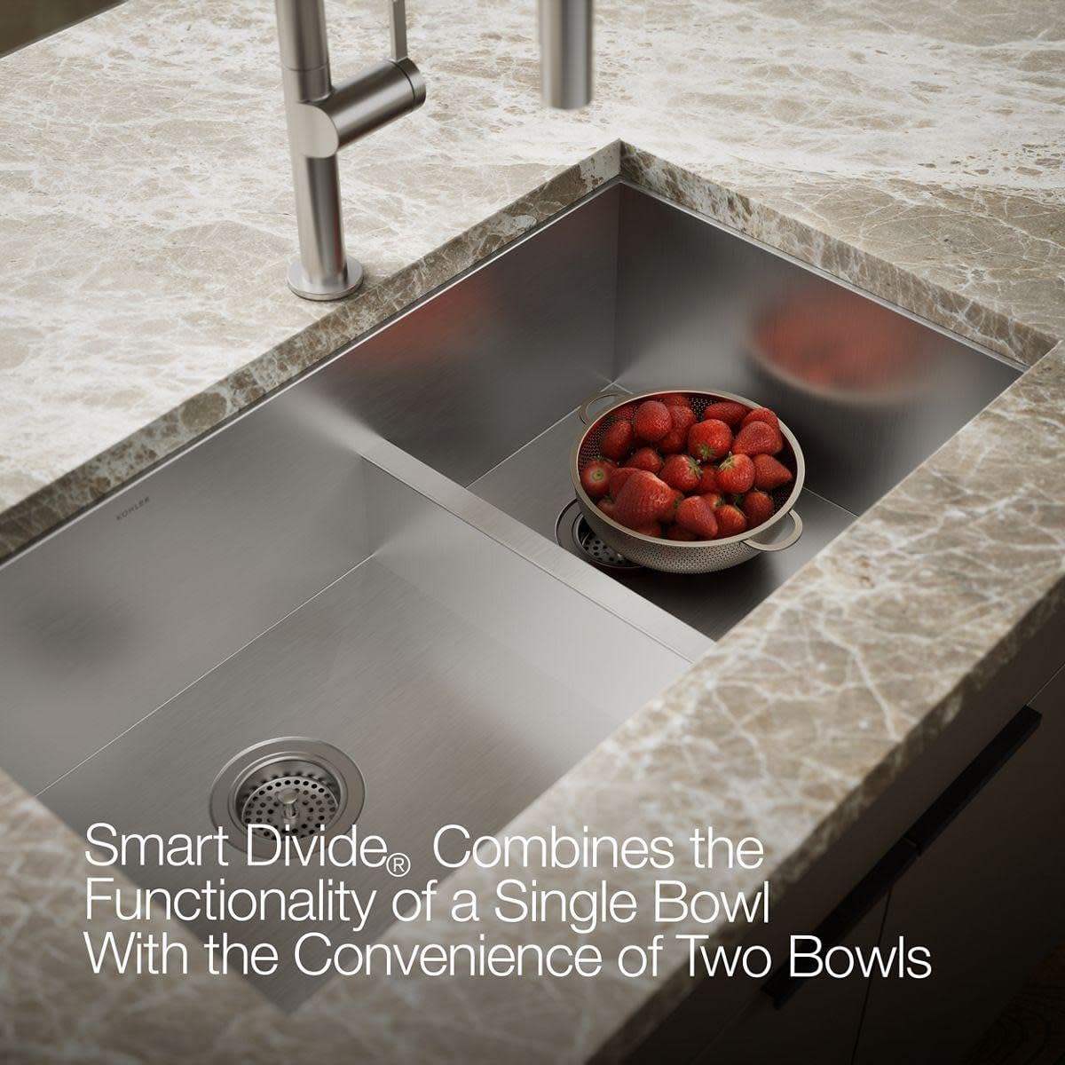 KOHLER Vault(TM) 33" x 22" x 9-5/16" Smart Divide(R) top-/under-mount large/medium double-bowl kitchen sink with single faucet hole