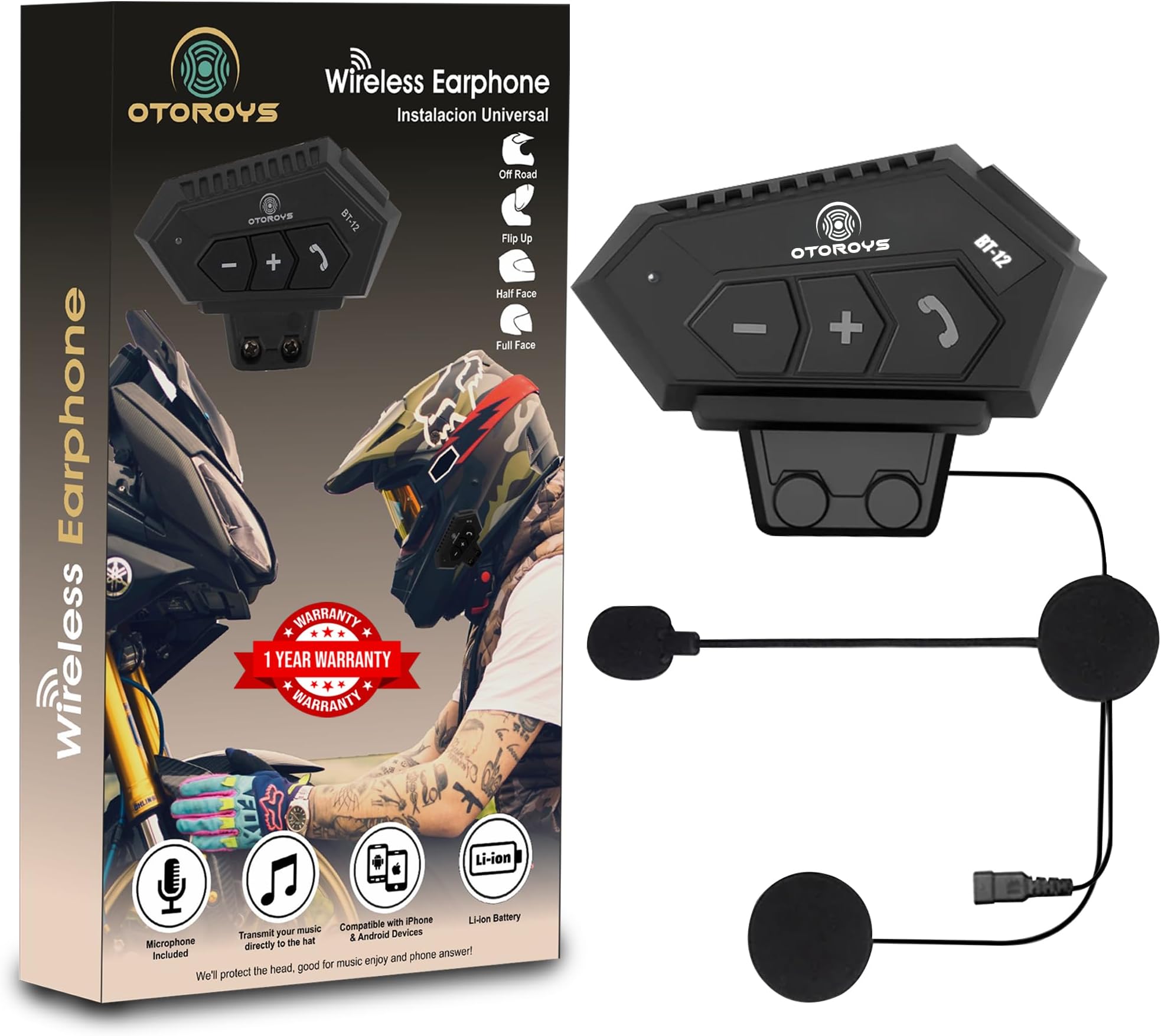 OTOROYS 1 Year Warranty Motorcycle Helmet Wireless Dual Earphone On-Ear Helmet Bluetooth Calling and Music with Mic, (Support iOS & Andriod)