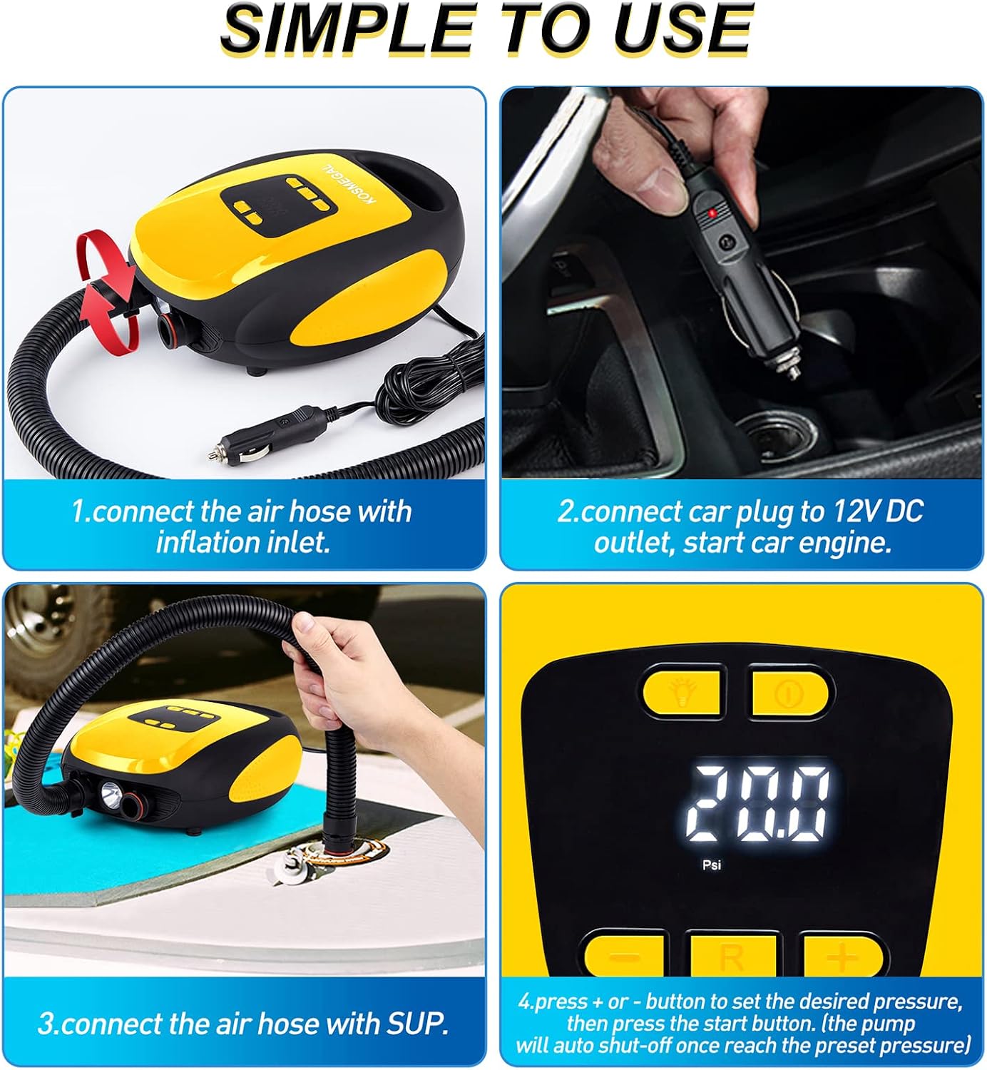 Paddle Board Pump Electric Portable, KOSMEGAL SUP Pump for Paddleboard, Professional 20PSI Air Compressor with Auto-Off, Deflation Function and 12V DC Car Connector for Inflatables, Kayaks and Boats