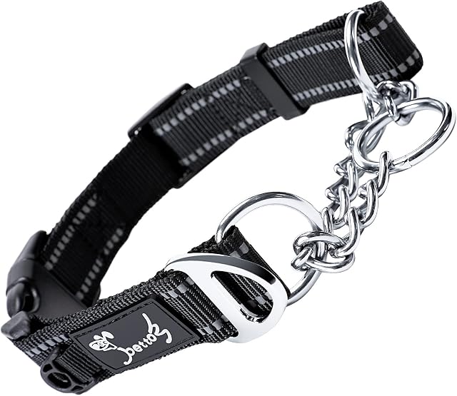 PETTOM Half Choke Dog Collar Adjustable Reflective Black Nylon Dog Choker Chain Collar, Chew Proof Metal Chain Half Check Collar for Medium Large Dogs (M: 43-52CM, Black)