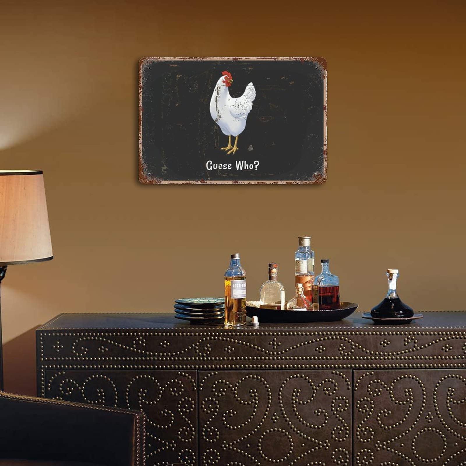 Targa in metallo vintage con galline e galli decorazione da parete per bar, pub, casa, birra, poster retrò dipinto in metallo 30,5 x 20,3 cm
