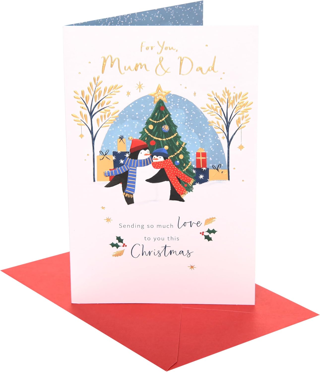 UK Greetings | Christmas Card for Mum & Dad | Xmas Presents | Her/Him | penguins infront of xmas tree | With Envelope | 22.9 x 14.9 cm