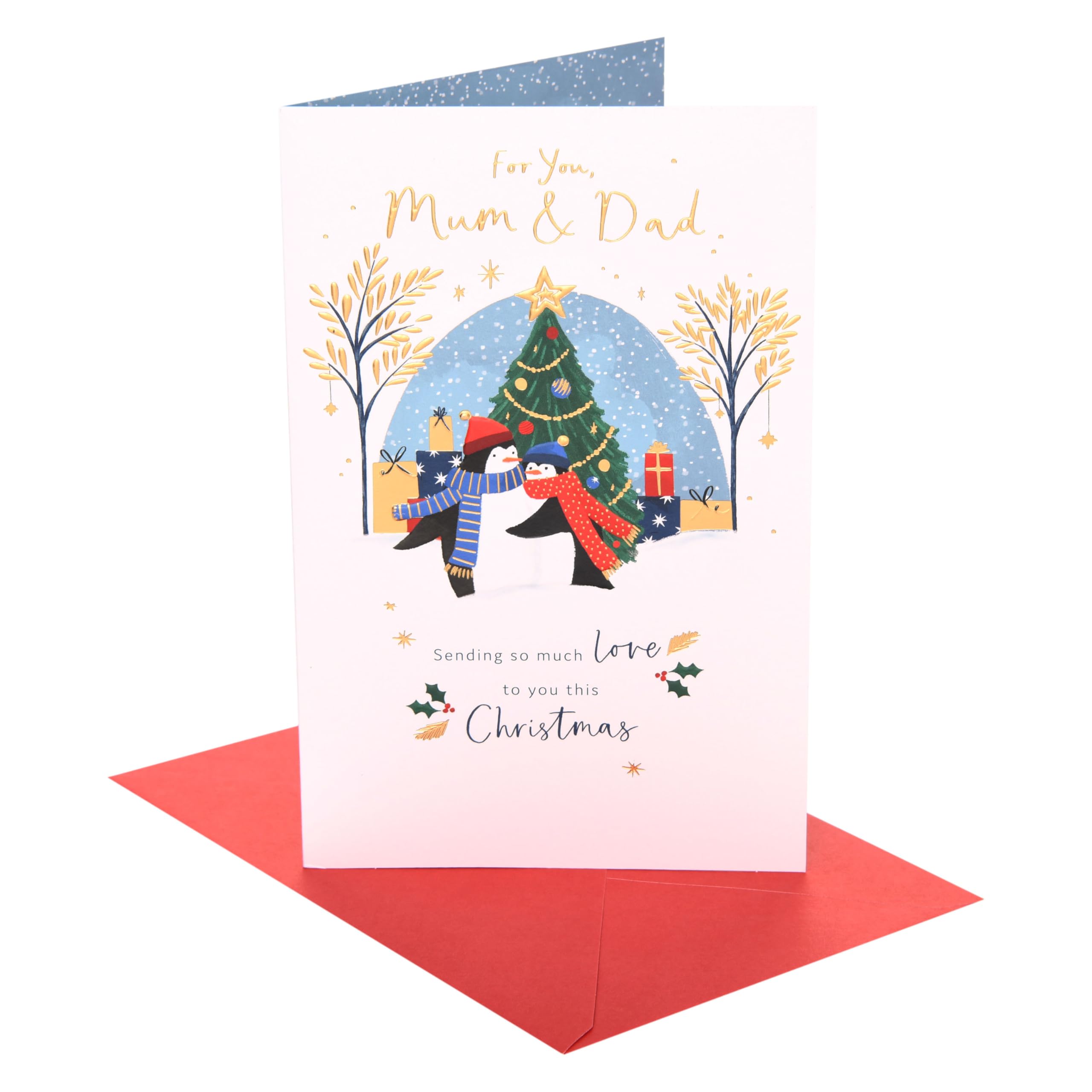 UK Greetings | Christmas Card for Mum & Dad | Xmas Presents | Her/Him | penguins infront of xmas tree | With Envelope | 22.9 x 14.9 cm
